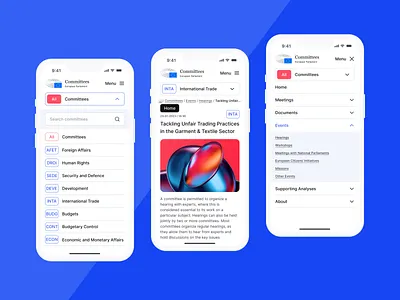 EU Parliament Committees Page Navigation Concept aa level accessibility blue committees democracy eu european parliament european union government human rights ios kpi mobile version navigation organization red redesign search ui patterns user research