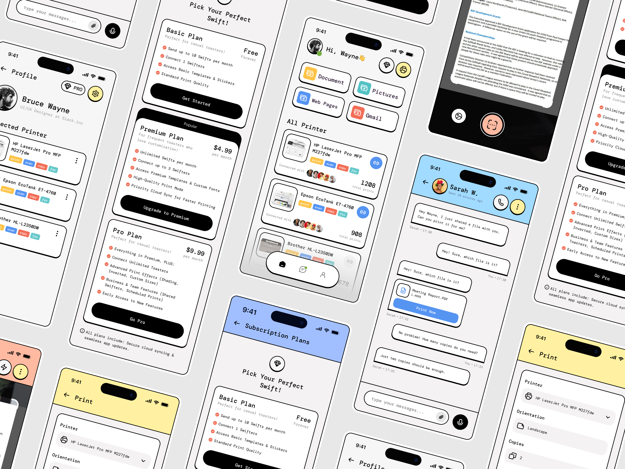 SwiftDocs | Mobile App Design🖨️ app branding chat design document illustration ios logo mobile multi paywall printer scan service social specifications suarasa subscription ui