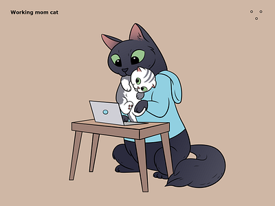 Working mom cat 2d animal cat character flat gradient illustration kitten laptop mother table work