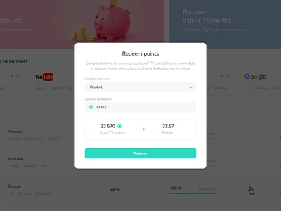 Loot Tv Streaming Platform - Redeem points app balance blockchain crypto dashboard flat ui modal overlay redeem streaming tv ui ui component ux video platform web design