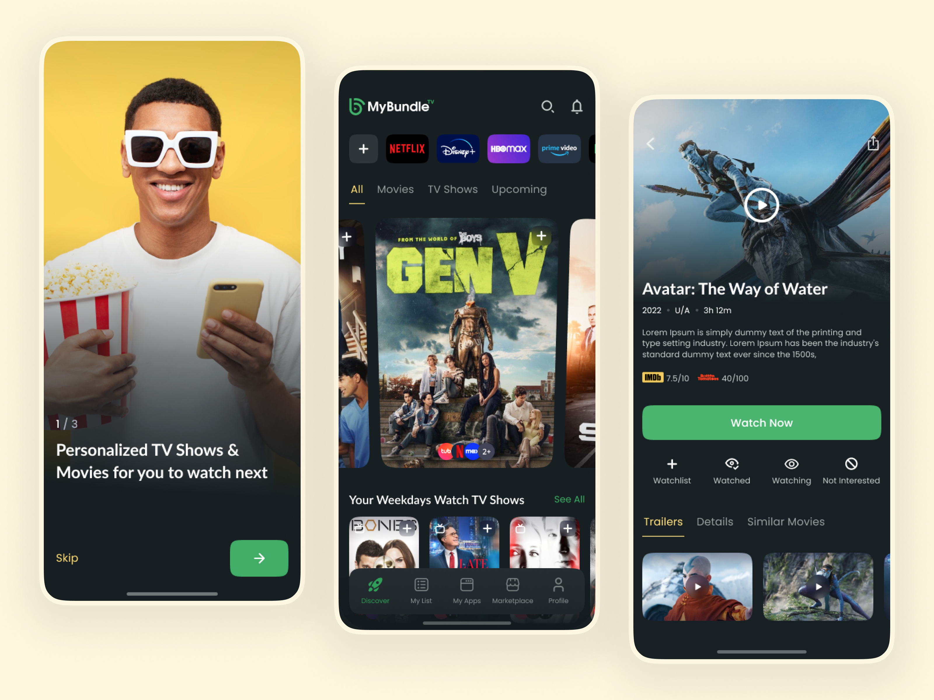 OTT - MyBundle App activity ai binge watching bundle category dark theme design detail page discover graphic design grey and green illustration mobile app movies onboarding ott ui ux strategy watch list watch now