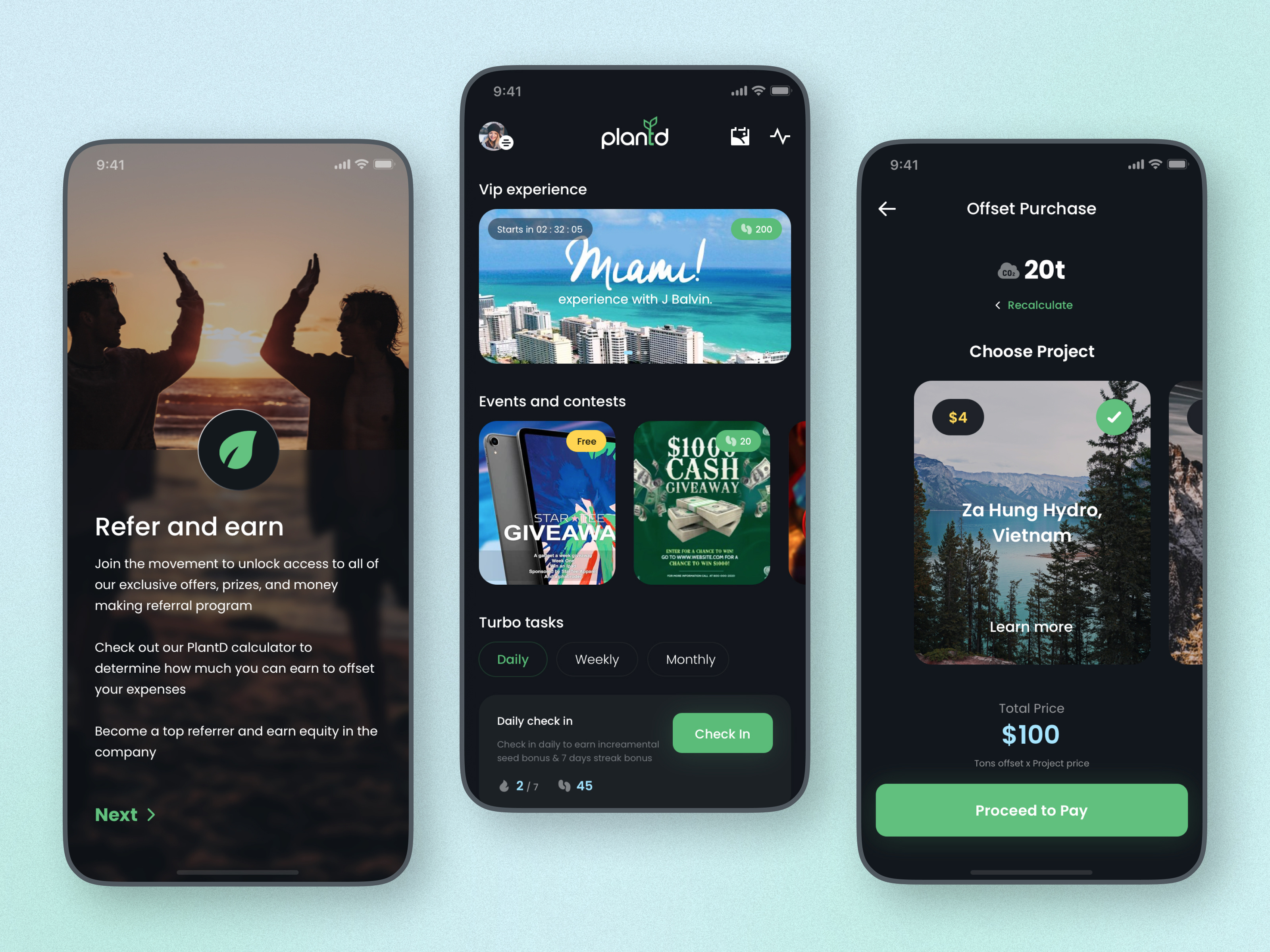 PlantD - Save the Earth activity ai carbon footprint dark theme energy events green leaderboard mobile app offset pay plant refer and earn renewable save earth streaks travel turbo task ux strategy visual designs