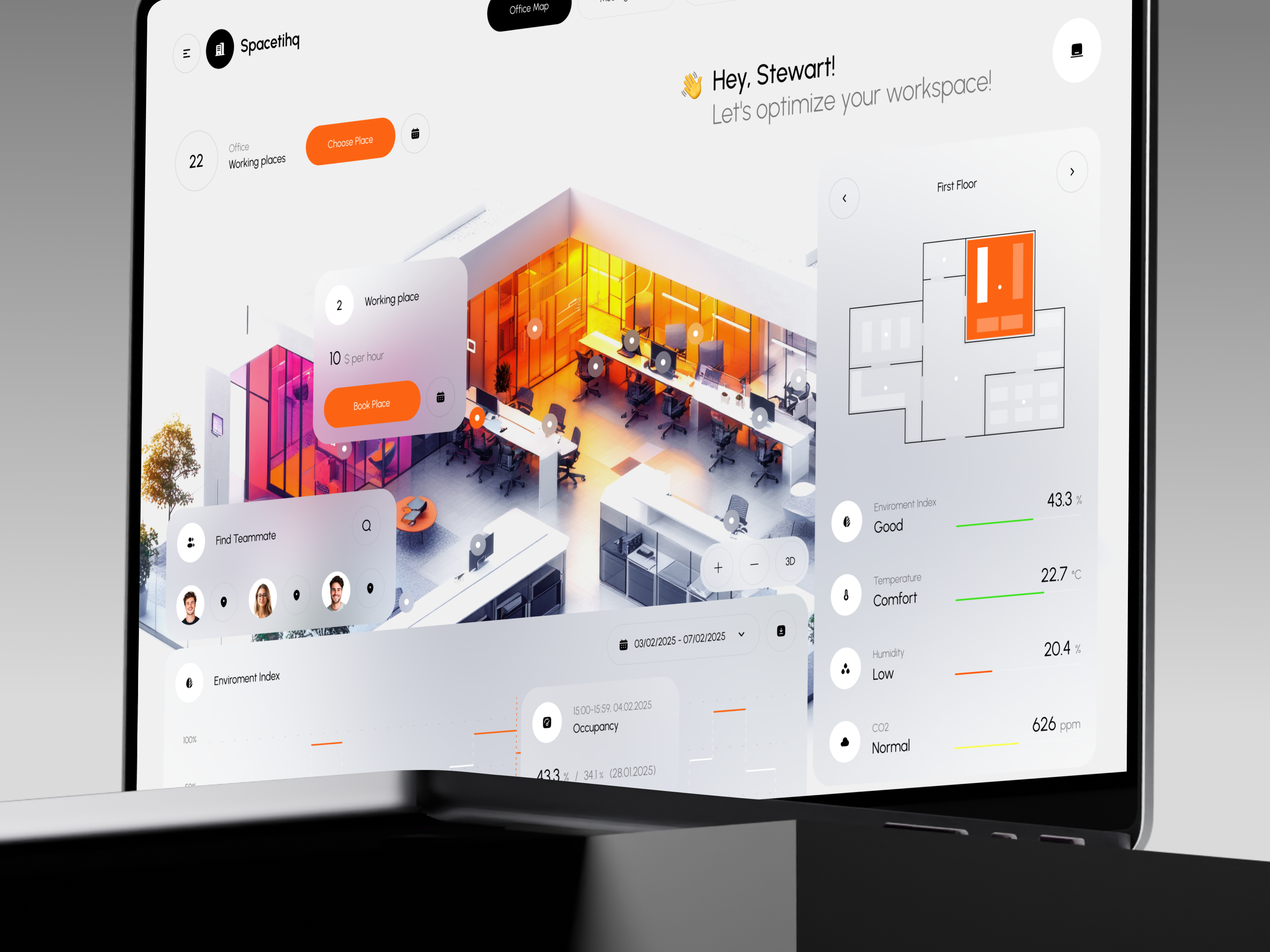 Spacetihq Dashboard - Office Workspace Optimization ai app b2b business crm dashboard design interface mobile office optimisation product saas service software space ui ux web workspace