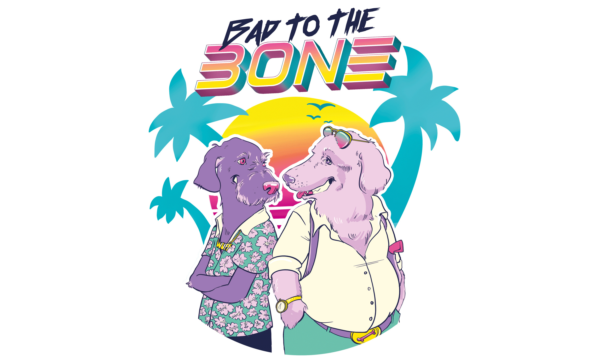 Bad to the Bone – Miami Vice Dog Detectives Illustration 80s animal animation branding character design cute cute illustration design dog graphic design ill illustration logo miami miami vice palmtree retro shirt design streetwear