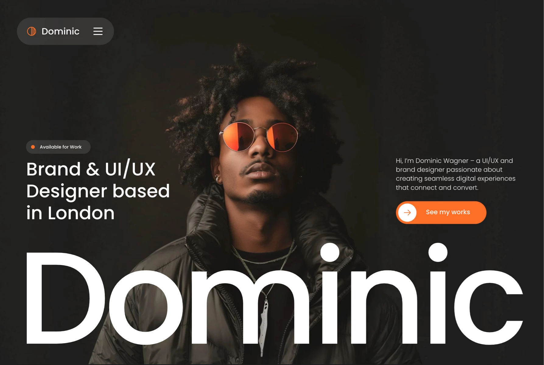 Portfolio Hero section for Framer built with Frameblox UI kit dark framer headline hero landing menu navigation personal portfolio template typo webdesign website