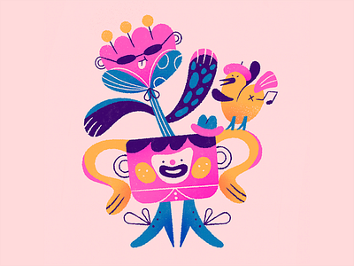 Little Party! art bird blog illustration character character design cup dance flat illustration flower fun illustration party procreate quirky texture vase weird weirdos whimsical