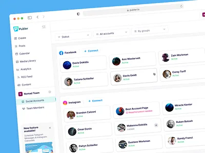 Social Accounts @ Publer accounts active adobe xd authrization cards deactive design facebook figma instagram list managment publer social ui ui design uiux ux web design