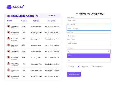 Student Registration Admin Pannel graphic design logo ui