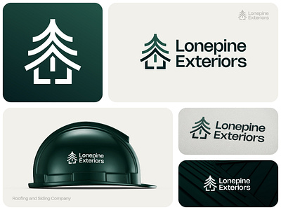 Lonepine Exteriors - Roofing and Siding Logo Concept brand branding construction dachdecker exterior forest green helmet house hunter logo pine pinehouse pinetree roof roofing siding tree wood woodwork
