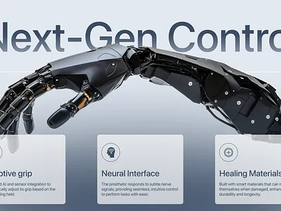 Healthtech Arm Design blue design futuristic health healthcare healthtech modern prosthetic robot robotics sleek tech technology web design website design