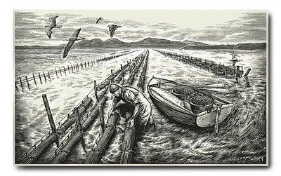 Fishers of Freycinet Brand Illustrated by Steven Noble artwork design engraving etching illustration landscape line art logo packaging scratchboard steven noble woodcut