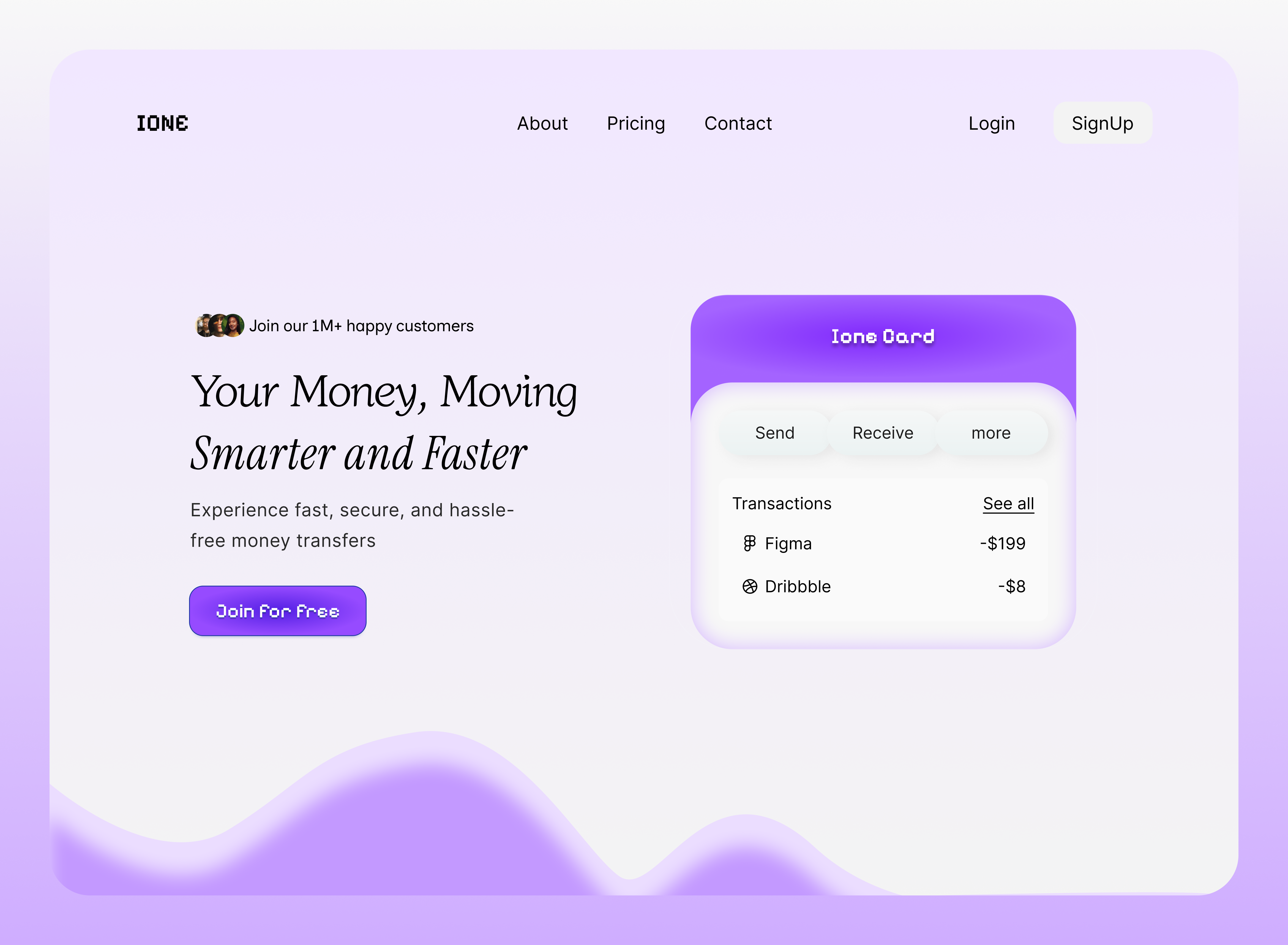 Ione: Hero section design for fintech digital wallet app branding design figma homepage landing page responsive ui ui ux ux web web design website design