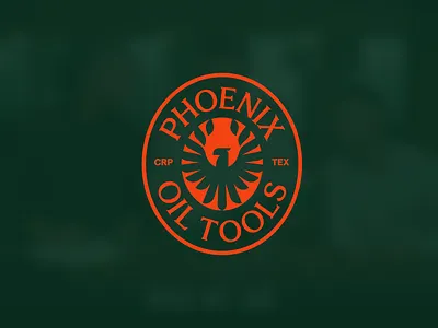 Phoenix Oil Tools badge bird brand branding fire flame green identity logo oil gas oil and gas orange phoenix tools wings