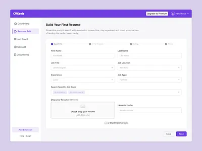 CVGenie – Smart Resume Builder UI clean dashboard design designinspiration jobsearch productdesign resumebuilder ui uiux ux webdesign