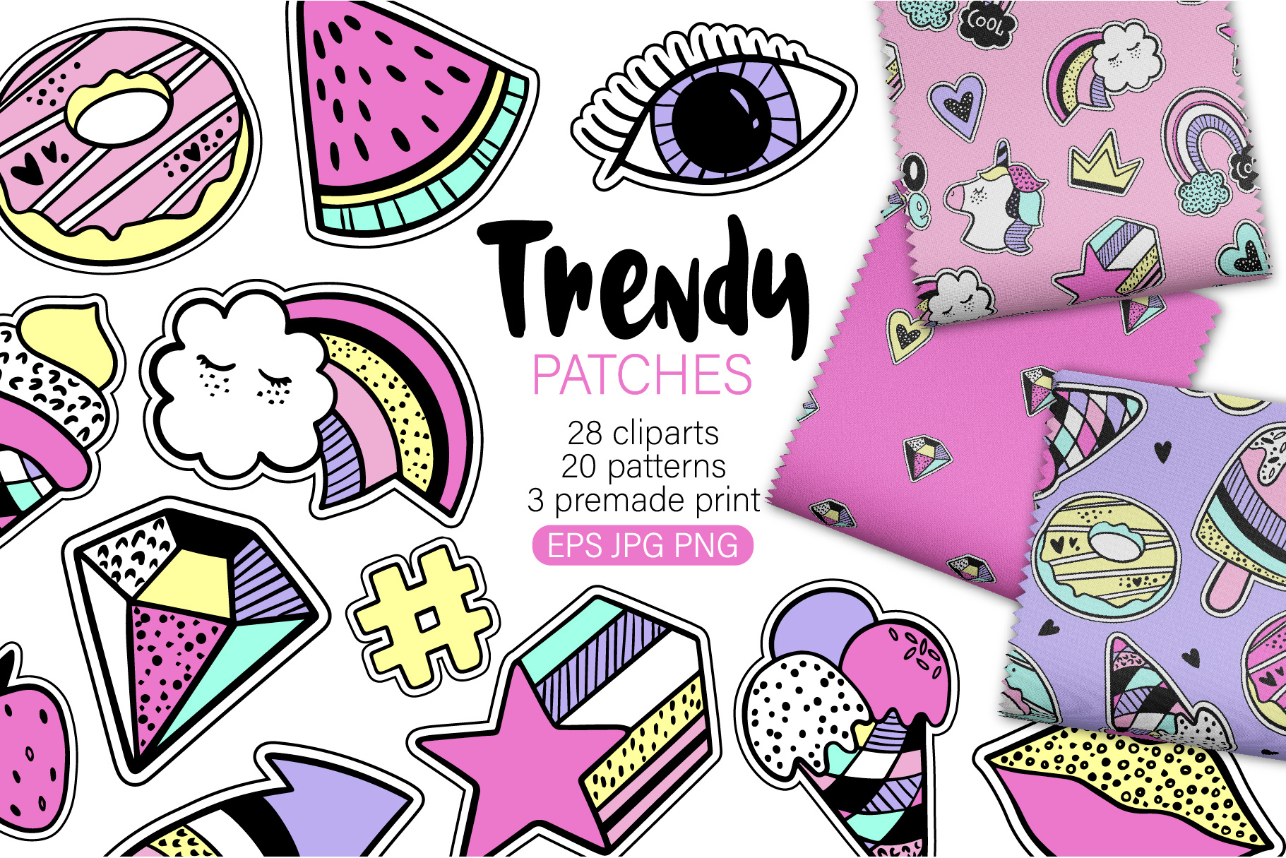Trendy patches collection. Patterns, cliparts, premade print clipart design donut graphic design illustration patch sticker unicorn vector
