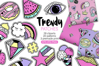 Trendy patches collection. Patterns, cliparts, premade print clipart design donut graphic design illustration patch sticker unicorn vector
