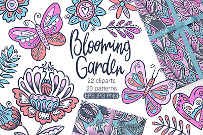 Blooming garden patterns and cliparts set blooming butterfly design flower garden graphic design illustration vector