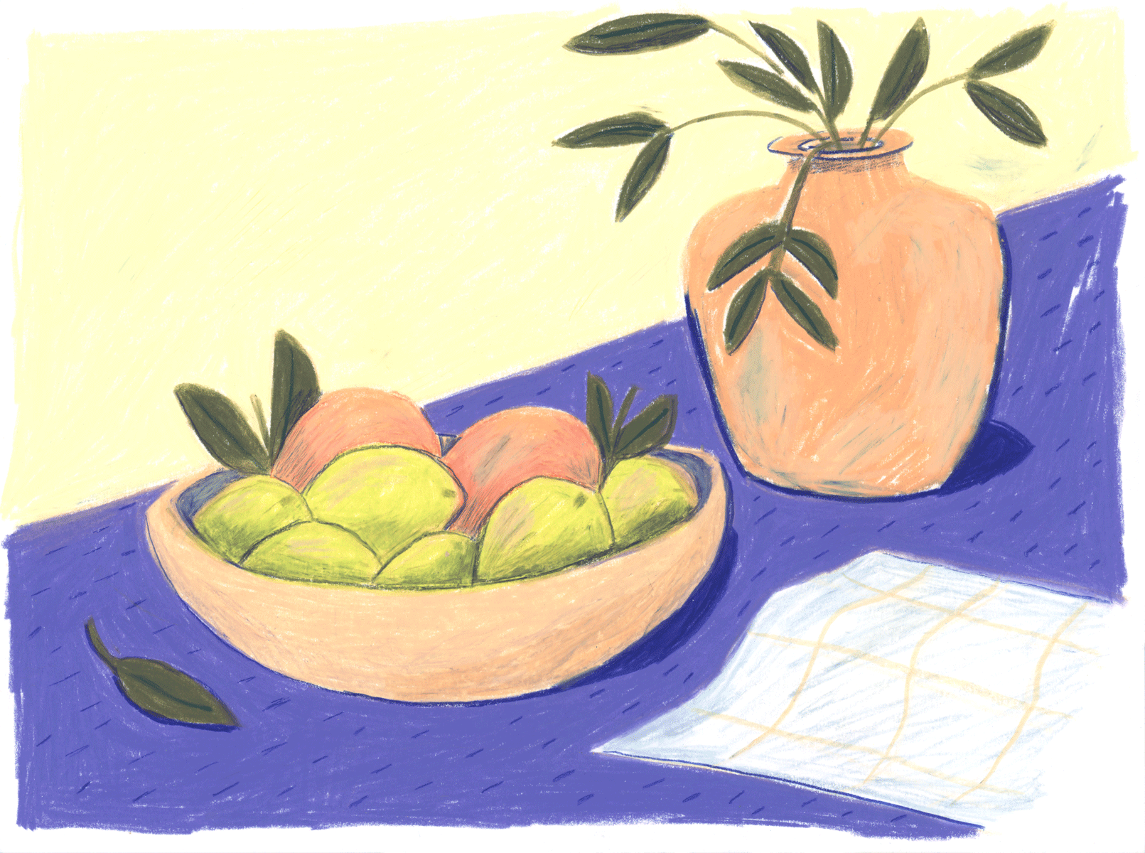 Crayon Study #2 art crayon drawing editorial fruit gentle illustration jug lemons marker pencil art plants purple still life table texture traditional art