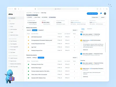 Sales Page Dashboard - Ditto CRM 3d activity status crm dashboard documentation list product design sales dashboard sales page status table ui