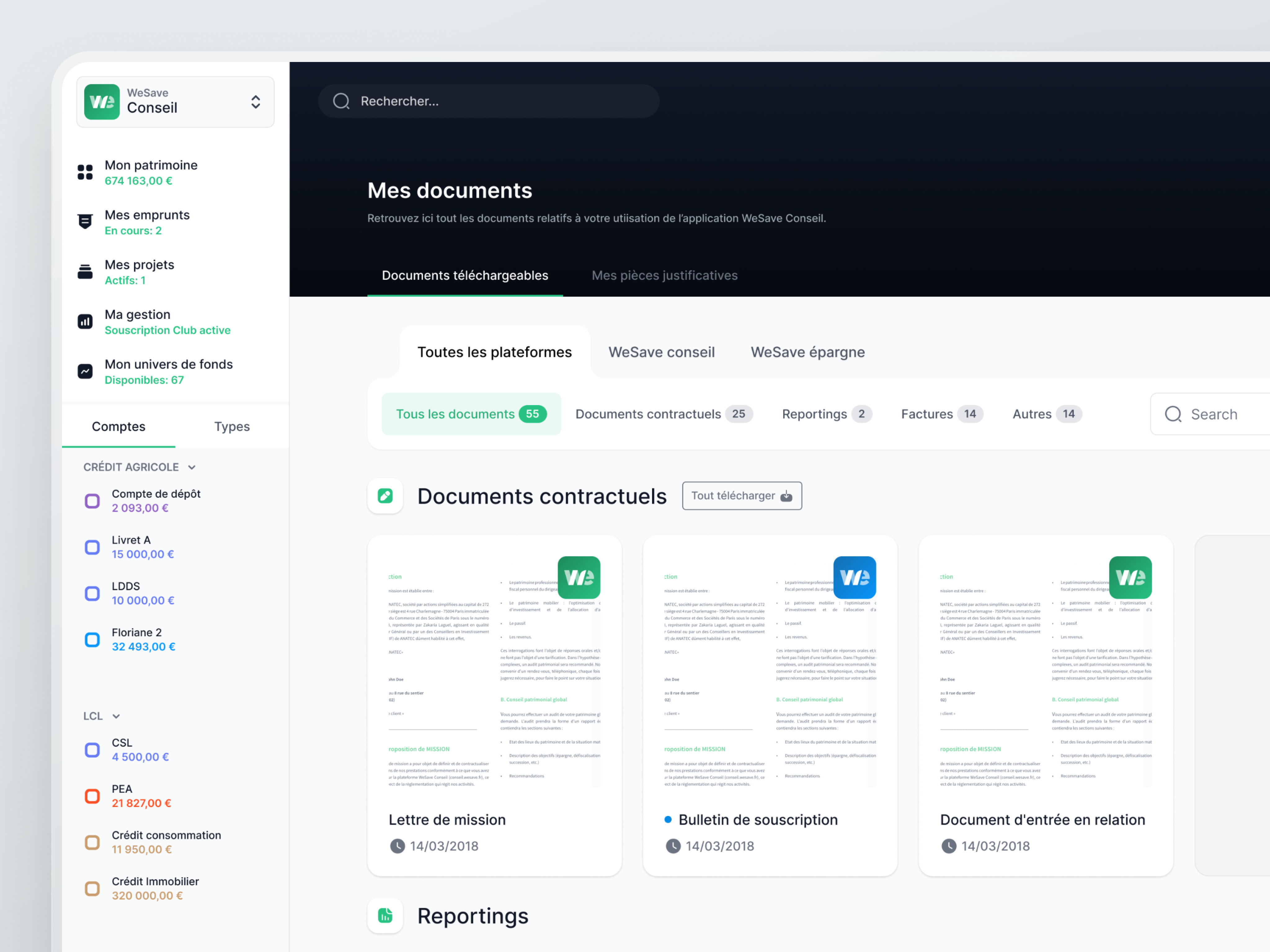 WeSave | User settings & documents app banking clean documents finance financial fintech form minimal product product design repository saas saas design ui wizard