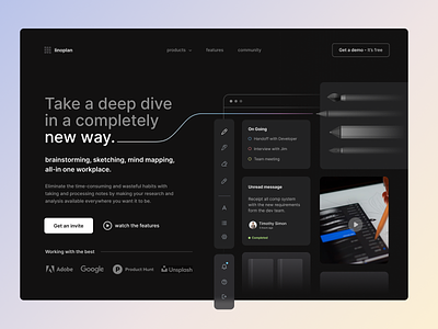 Linoplan | All-in-one Note and Productivity App animation app book card clean dark mode drawing hero notes pen popular product productivity saas sketching tool ui ux web design website