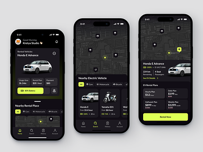 PowerRent - Electric Vehicle Rental App appdesign dark darkmode ecofriendly electric electricvehicle energy ev evrentals inspiration mobile app mobility rent rental sustainabletravel transportation ui userexperience userinterface vehicles