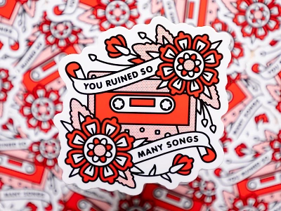 You Ruined So Many Songs Sticker cassette die cut sticker flash tattoo halftone illustration monoline music pop art senses fail sticker tattoo