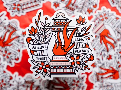 Failure Fans These Flames Sticker die cut sticker failure fire flames flash art flash tattoo halftone illustration lantern monoline pop art red sticker tattoo