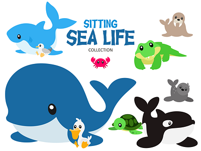 Sitting Sea Life animals cute flat design graphic design illustration ocean animals sea creatures sea life shark vector whale