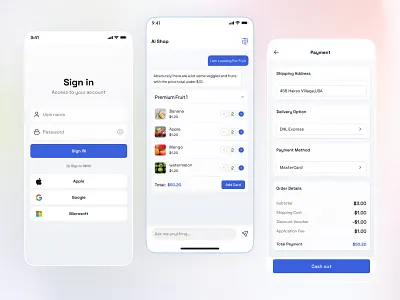 Modern AI Shopping Mobile App UI ai shopping app checkout screen delivery ui e commerce app grocery app ui login screen minimal ui mobile app mobile commerce mobile payment ui mobile ui design modern ux online shopping payment gateway product listing shopping cart sign in ui ui inspiration ux design
