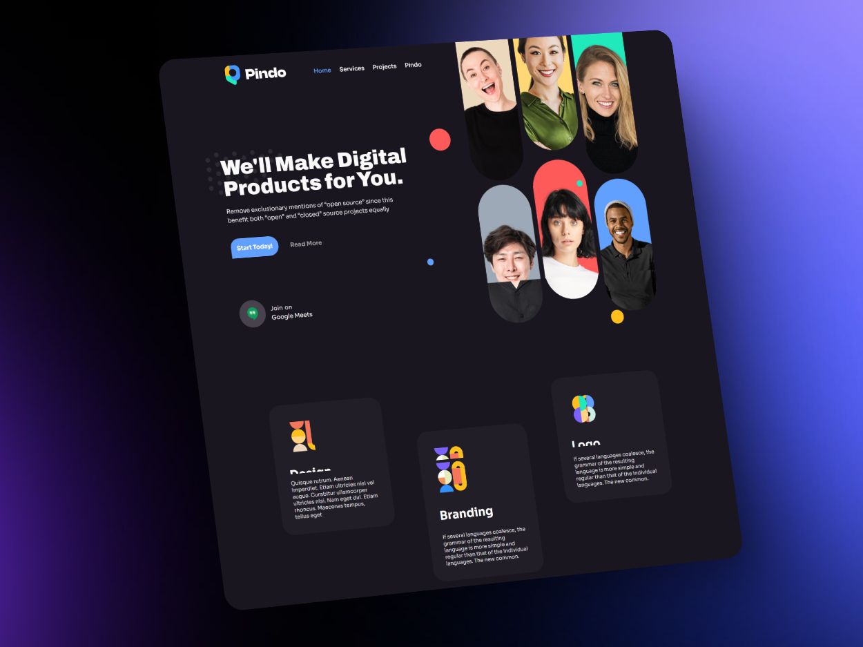 Digital Creative Agency Landing Page client testimonial section creative agency website dark themed ui design digital branding services landig page uxui agency layout