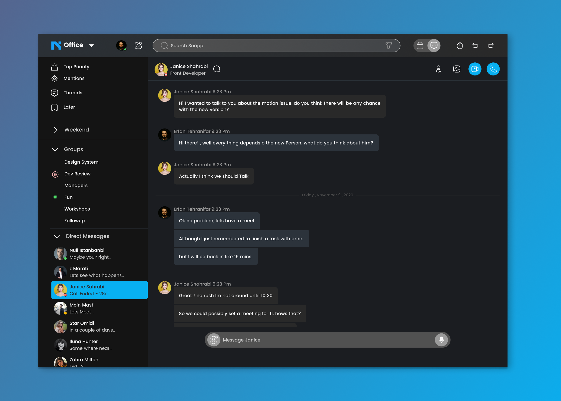 Workspace Platform calender chat messaging platform slack threads ui workspace