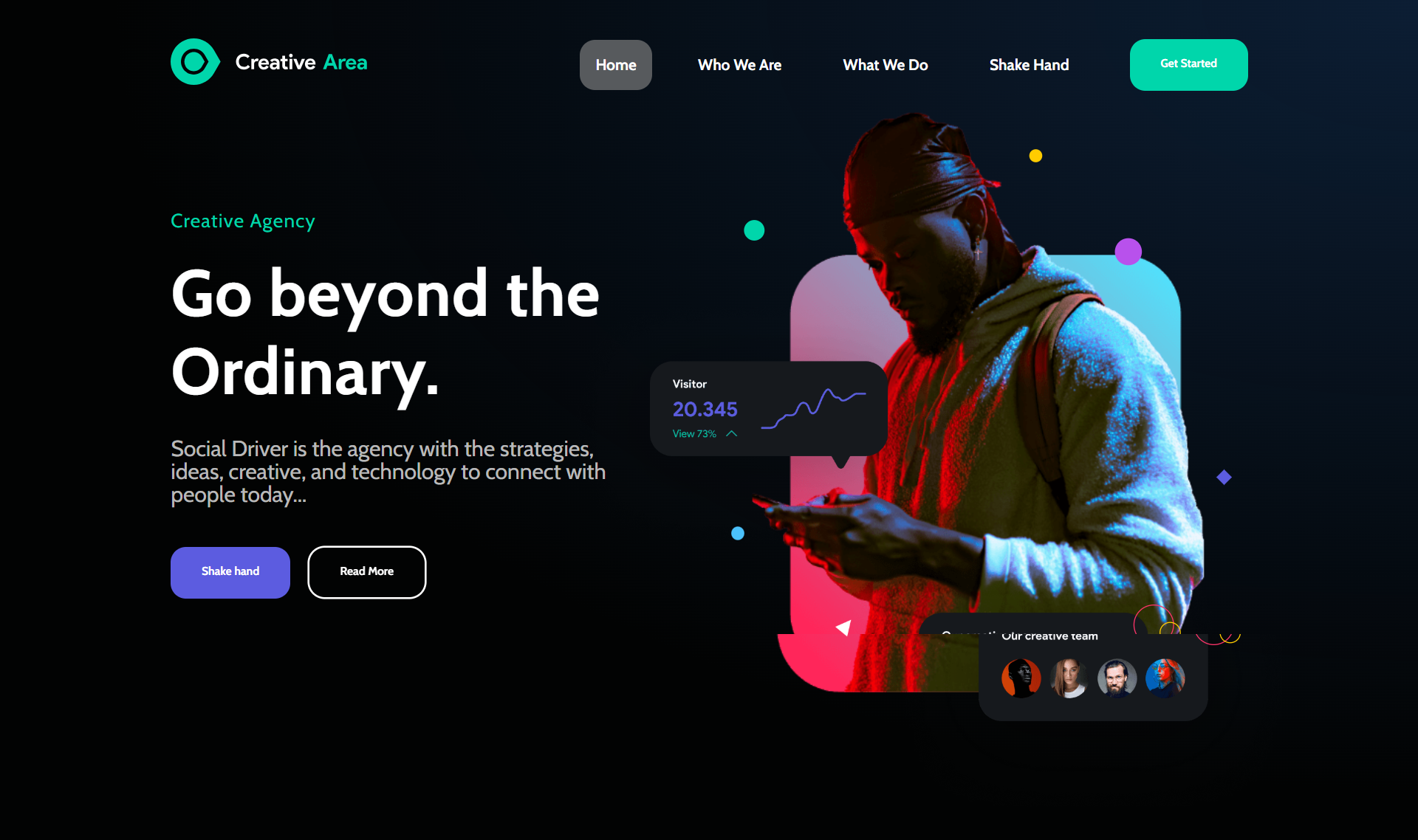 Modern Creative Agency Website creative agency website dark ui with neon design graphic design ui website analytics integration