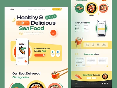 Asian Sushi Food Website Design clean colorfull delivery design ecommerce food food delivery service landing page minimal restaurant salmon sea food sushi trending2023 ui uiux user interface web web design website