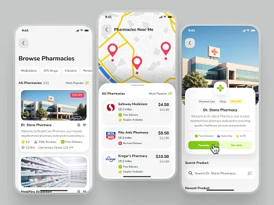 osler UI Kit: AI Telehealth App | E-Pharmacy Explore Screen UI ai healthcare app browse pharmacy clean epharmacy app figma ui kit green listing card listing card ui map ui medical pp medication app minimal modern pharmacy app pharmacy location pharmacy ui simple telehealth ui kit telemedicine ui kit