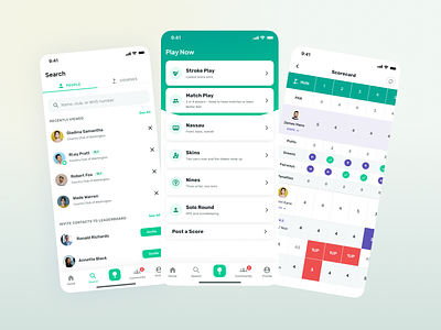 Leaderboard - Seacrh, Creating Game Room, and Scorecard clean create room golf golf apps golf course golf match golf play golf range golf round golf score green minimal mobile app mobile design mobile ux review review game score board score card ui design