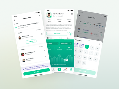 Leaderboard - Game Lobby, Profile, and Hole Section design golf match golf range golf round golf sport green hole section minimal mobile mobile app mobile design result review sport sports app summary ui ux