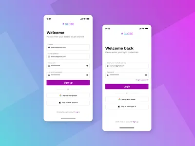 Login and Signup form app app ui button clean design dribble best shot form form ui login minimal pink purple signup travel app ui ui design ux welcome white