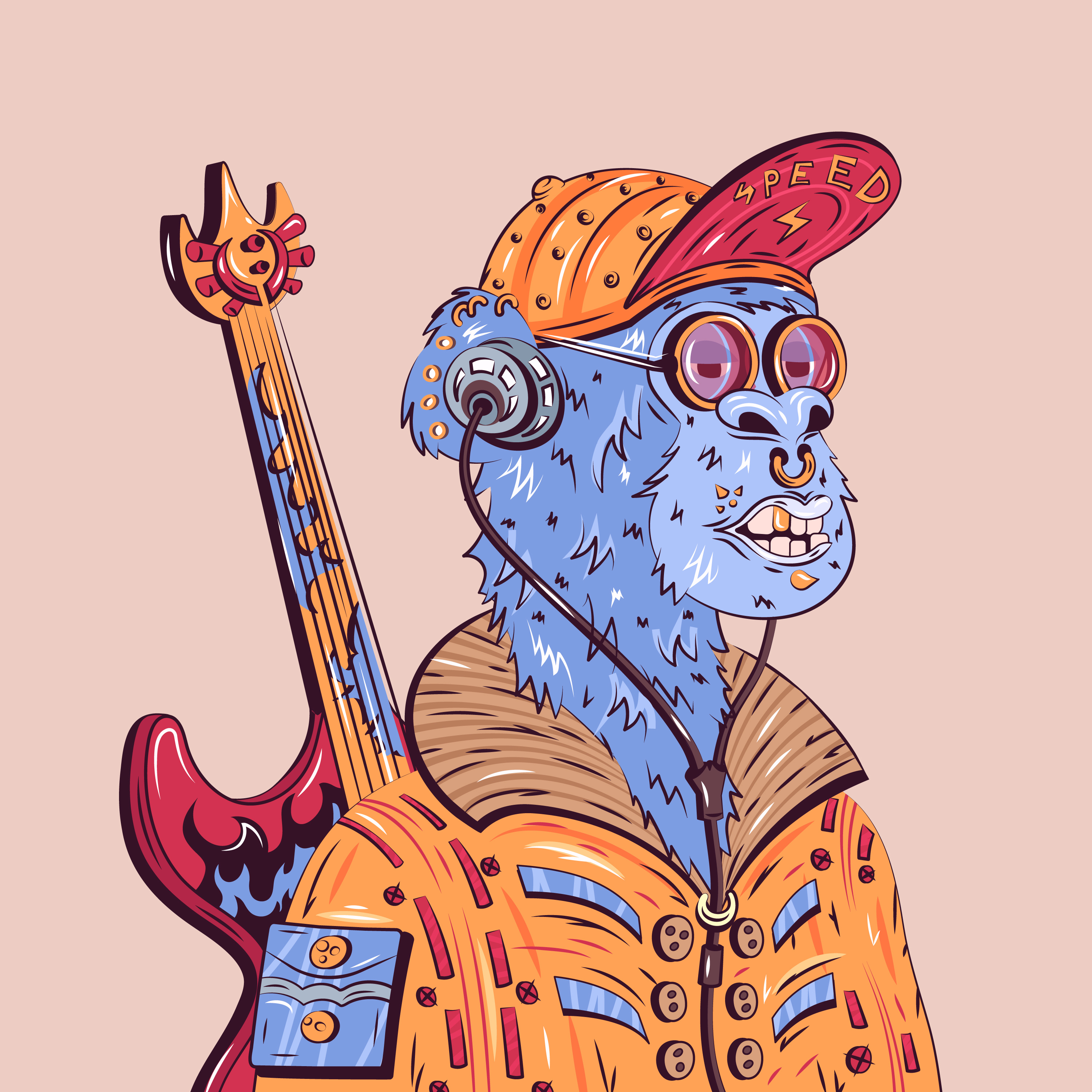 ape musician. nft character for pfp collection 60s 80s ape art bored ape cap character collection crypto design eth flat guitar illustration music musician nft pfp vector vintage