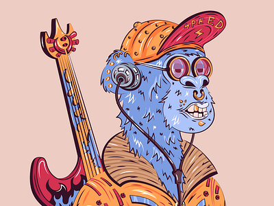 ape musician. nft character for pfp collection 60s 80s ape art bored ape cap character collection crypto design eth flat guitar illustration music musician nft pfp vector vintage