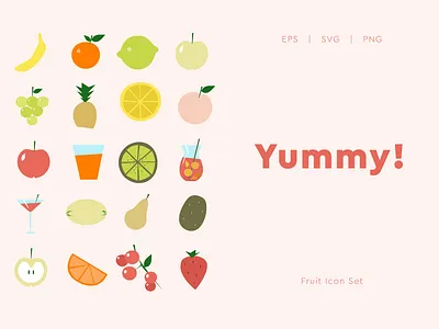 Yummy! Fruit Icon Set apple banana cider food fruit grapes healthy icon illustration juice kitchen kiwi lemon melon orange peach pineapple strawberry ui vector