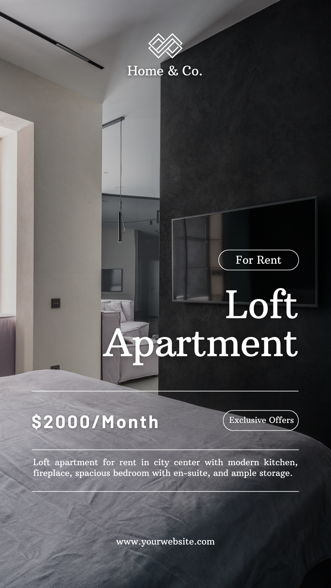 Dark Modern Minimalist Loft Apartment Instagram Story social media post
