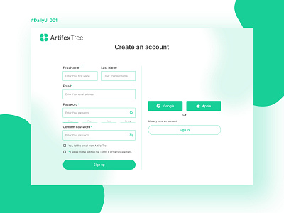 Sign-up Page UI Design | DailyUI app design application artifexar clean create account dailyui logo design minimal onboarding sign in sign up tree plantation tree website ui ui design user interface ux web ui website website interface