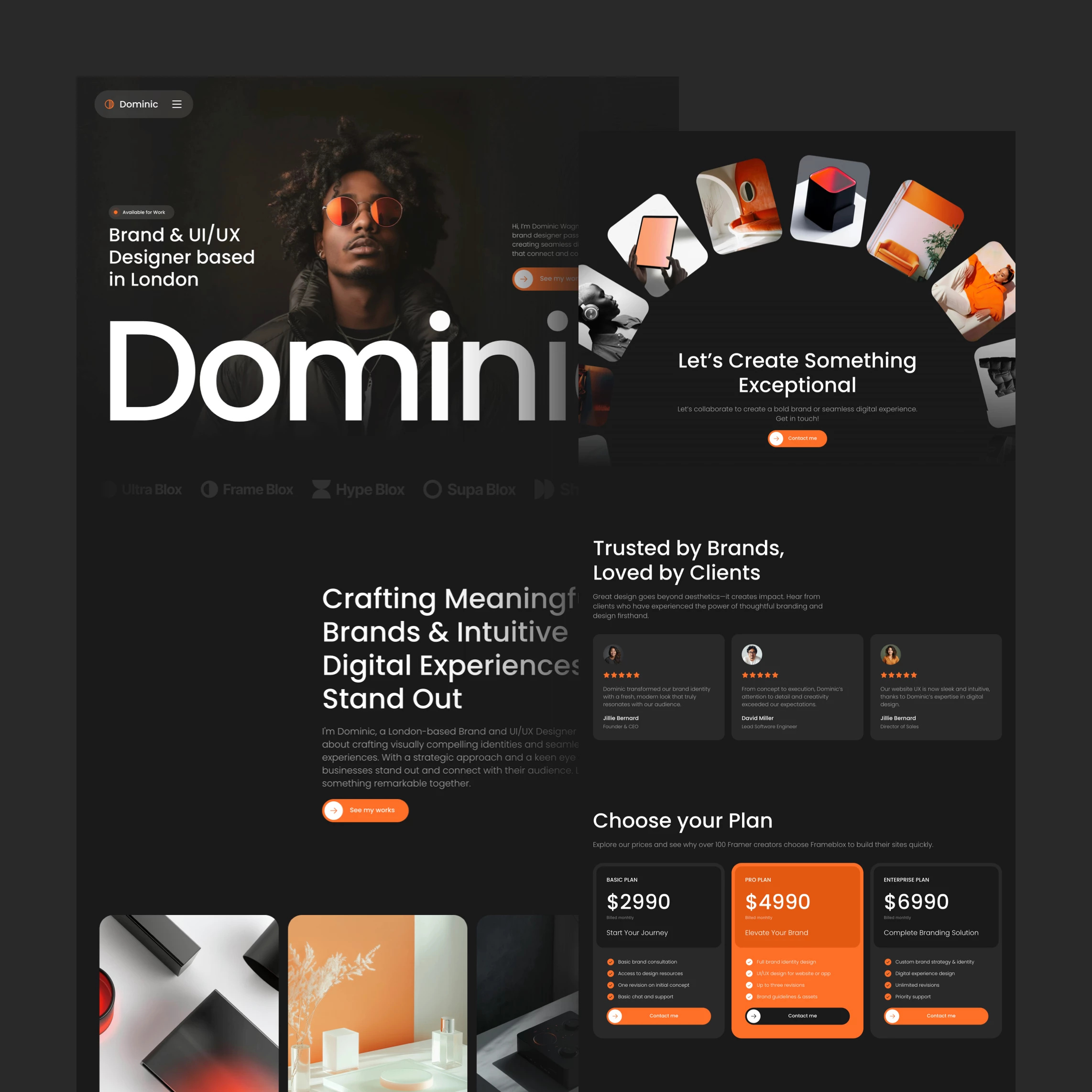 Portfolio website landing page for Framer, built with Frameblox dark framer header hero landing personal portfolio projects template ui ux webdesign website website design works