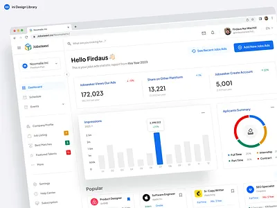 Jobsteevi - Dashboard Exploration app chart clean contract dashboard desktop employee events freshgraduate full time future intern jobseeker schedule startup ui