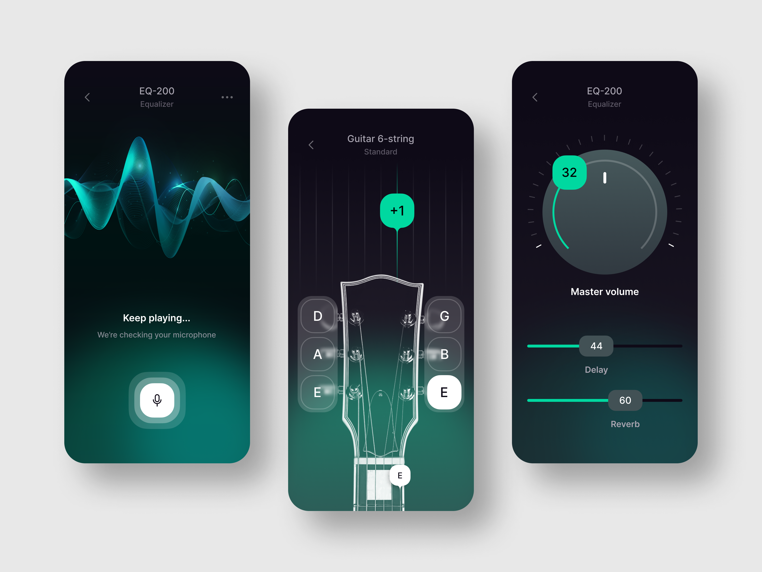 Guitar Tuning App 3d android dark design glass green guitar illustration ios minimal modern morphism music realistic tuner ui ux vector web