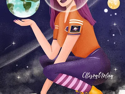 Rocket woman book cover character portrait design drawing challenge editorial female astronaut female illustrator hand drawn illustration magazine orange outer space procreate purple skater girl
