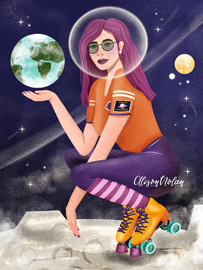 Rocket woman book cover character portrait design drawing challenge editorial female astronaut female illustrator hand drawn illustration magazine orange outer space procreate purple skater girl
