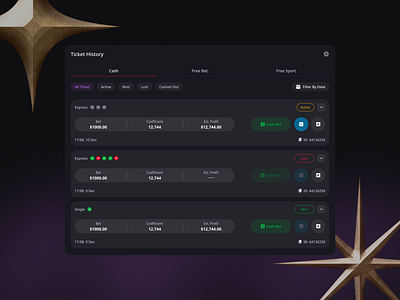 Casino Bet History Page bethistory bettingui casinoapp casinodesign casinoexperience casinoui dashboarddesign gamblingapp gamingui interfacedesign mobileui productdesign sportsbook tickethistory uiconcept userflow userinterface uxdesign uxui webui