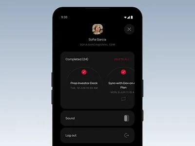Profile and task completed screen android app design grid minimal mobile app nothing phone playstore product design productivity app stack todo ui ui design ux design